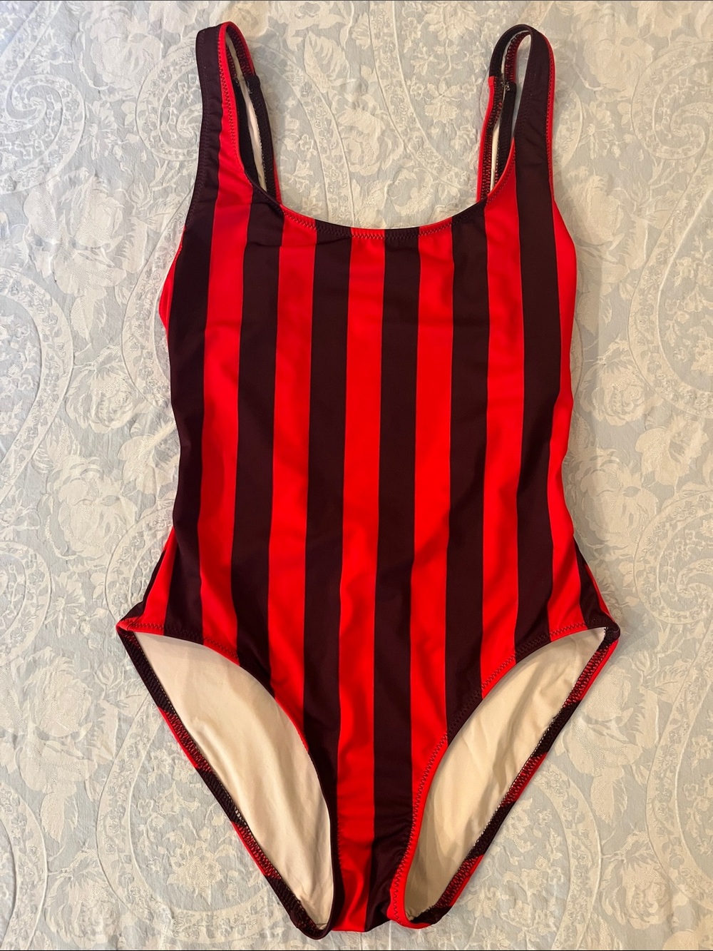 SOLID & STRIPED Red and Black Vertical Stripe One-Piece Swimsuit